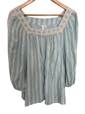 LC Boho Stripe Crochet-Trim Peasant Long Sleeve Top Blue Teal XL Prairie Cottage